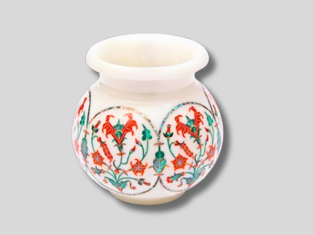 Floral Fine Inlay Marble Round Vase Showpiece Patio Decor